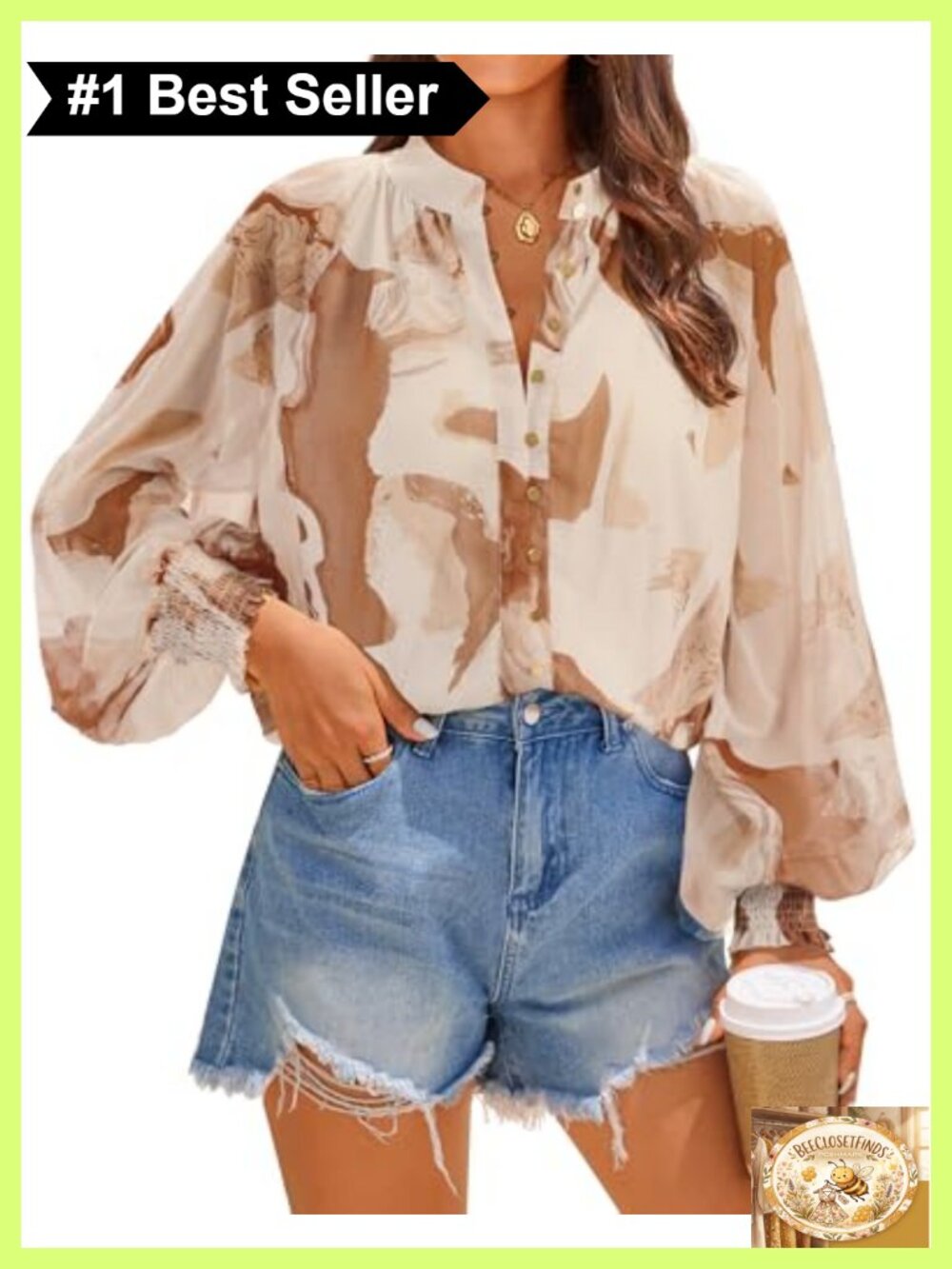 Womens Floral Print Button Down Boho Blouse Long Sleeve Lantern Sleeve Top